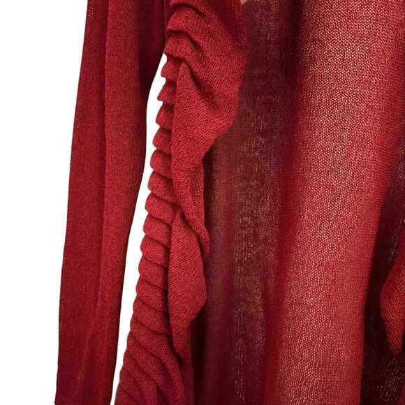 Eileen Fisher Knit Red Lightweight Linen Blend Waterfall Ruffle Sweater Cardigan - Picture 2 of 6